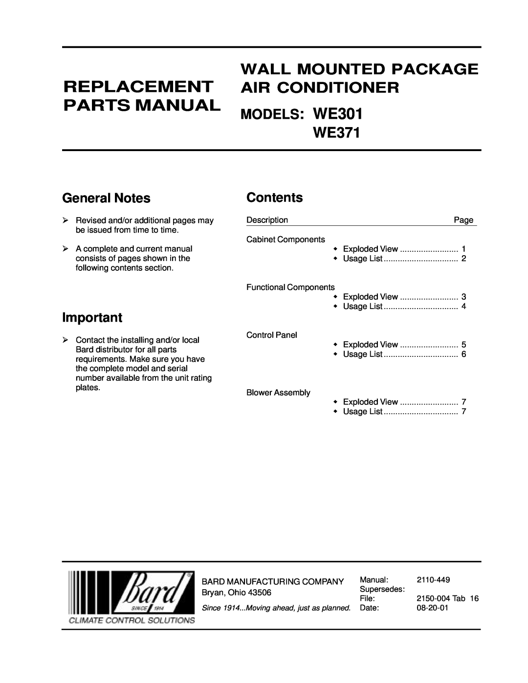 Bard WE371 manual Parts Manual, MODELS WE301, Wall Mounted Package Replacement Air Conditioner, General Notes, Contents 