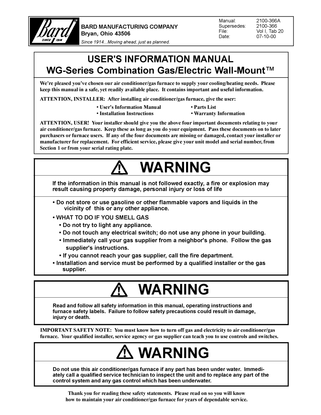 Bard WG-Series installation instructions What to do if YOU Smell GAS, Bard Manufacturing Company 