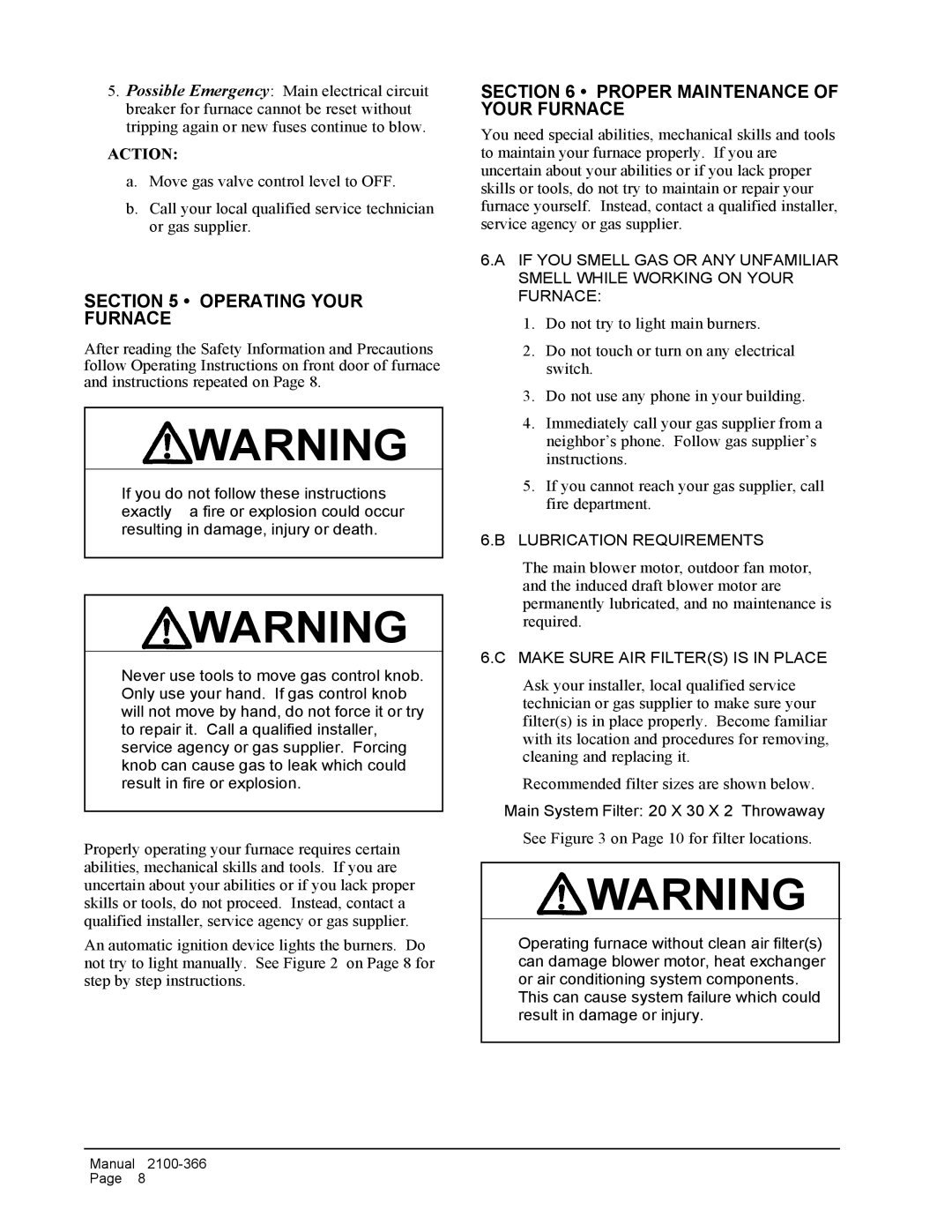 Bard WG-Series Operating Your Furnace, Proper Maintenance of Your Furnace, Lubrication Requirements 