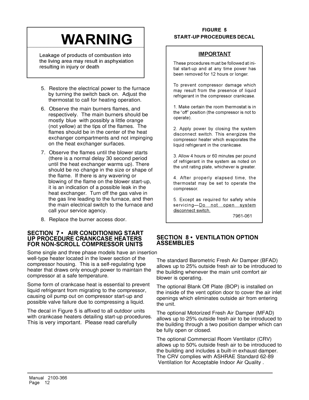 Bard WG-Series installation instructions Ventilation Option Assemblies, START-UP Procedures Decal 