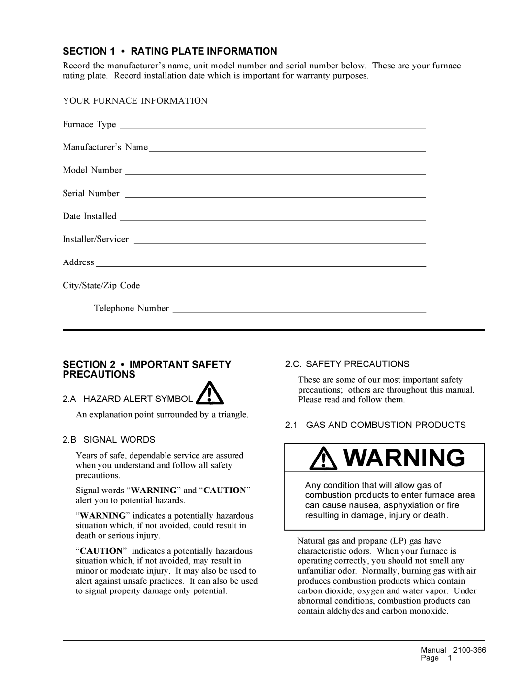 Bard WG-Series Rating Plate Information, Important Safety Precautions, Signal Words, GAS and Combustion Products 