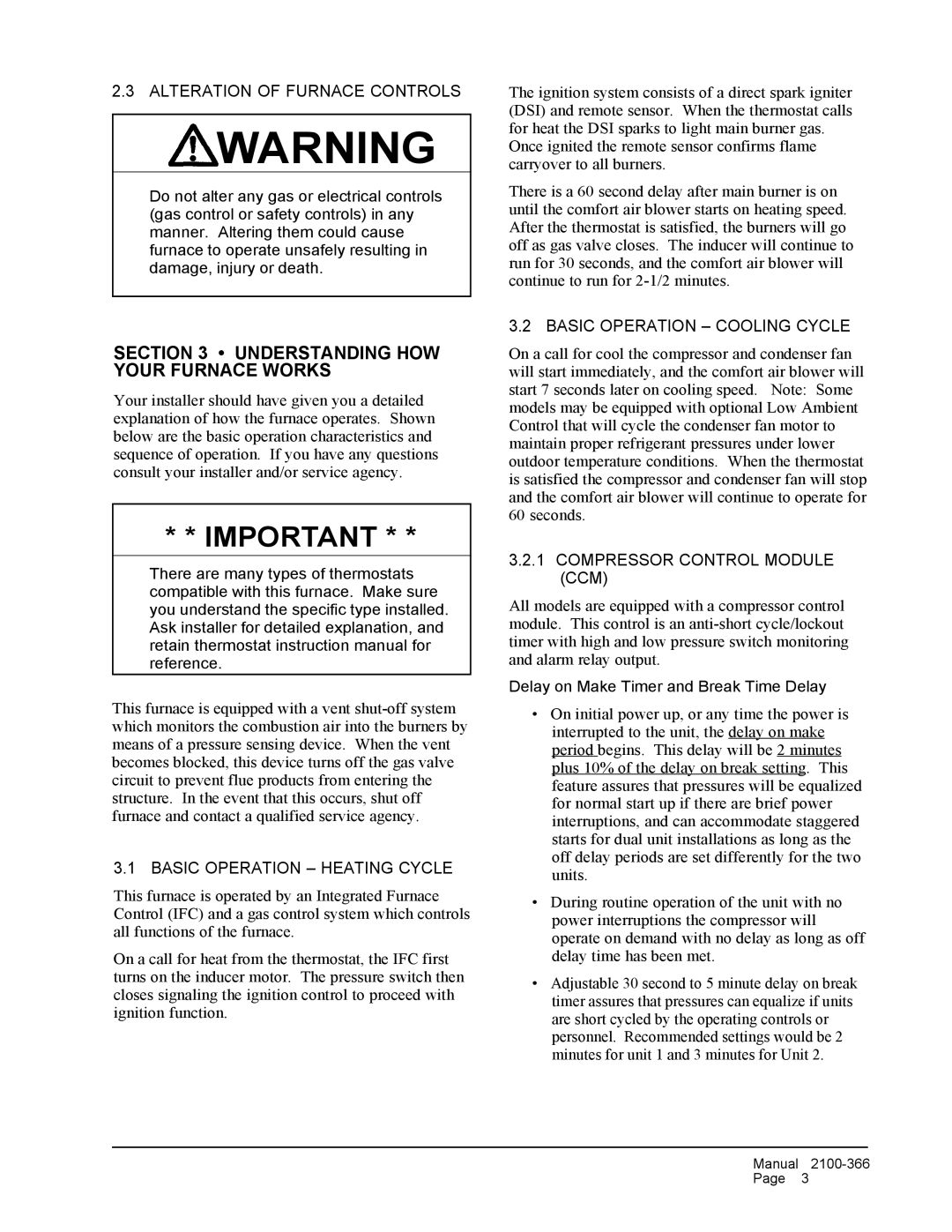 Bard WG-Series Understanding HOW Your Furnace Works, Alteration of Furnace Controls, Basic Operation Heating Cycle 