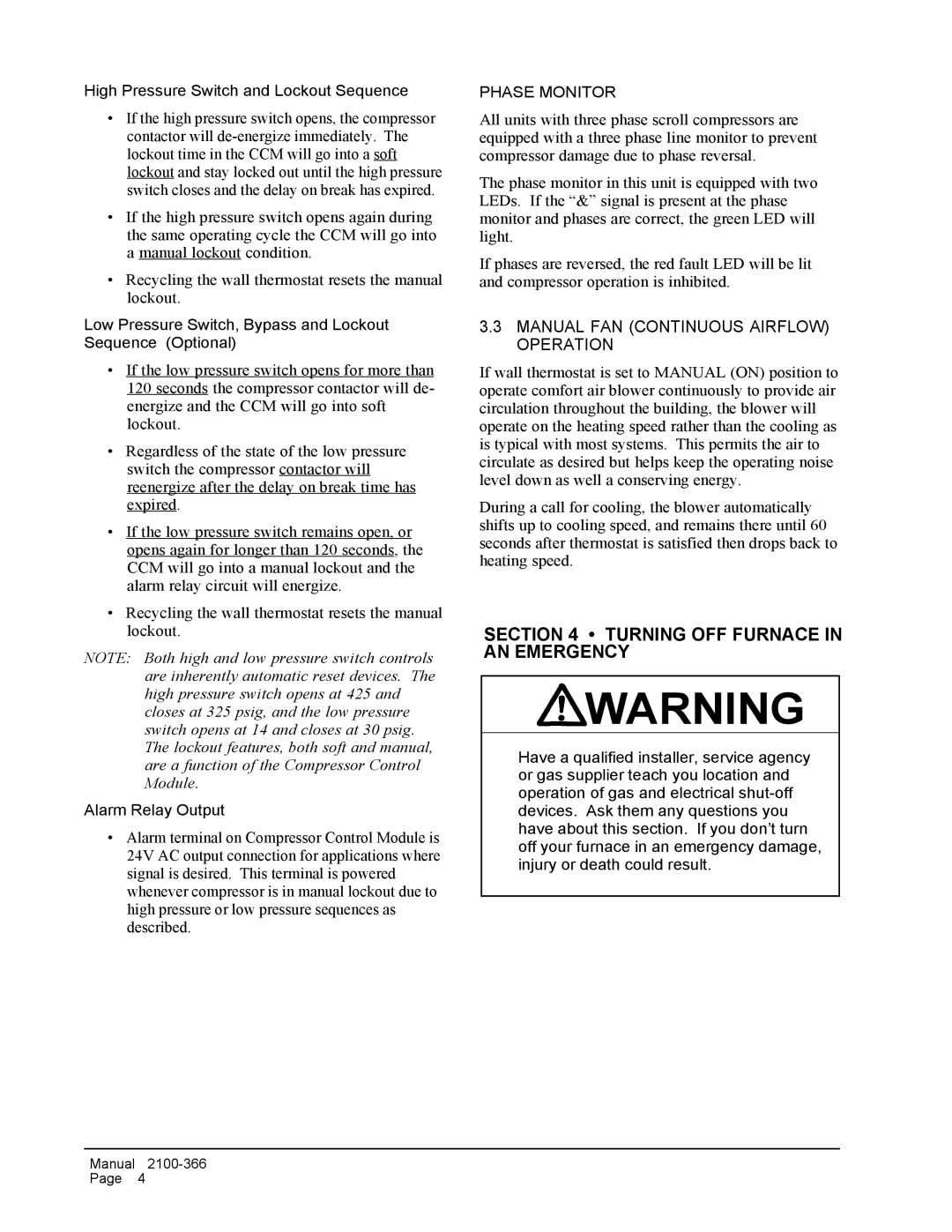 Bard WG-Series Turning OFF Furnace in AN Emergency, Manual FAN Continuous Airflow Operation, Phase Monitor 