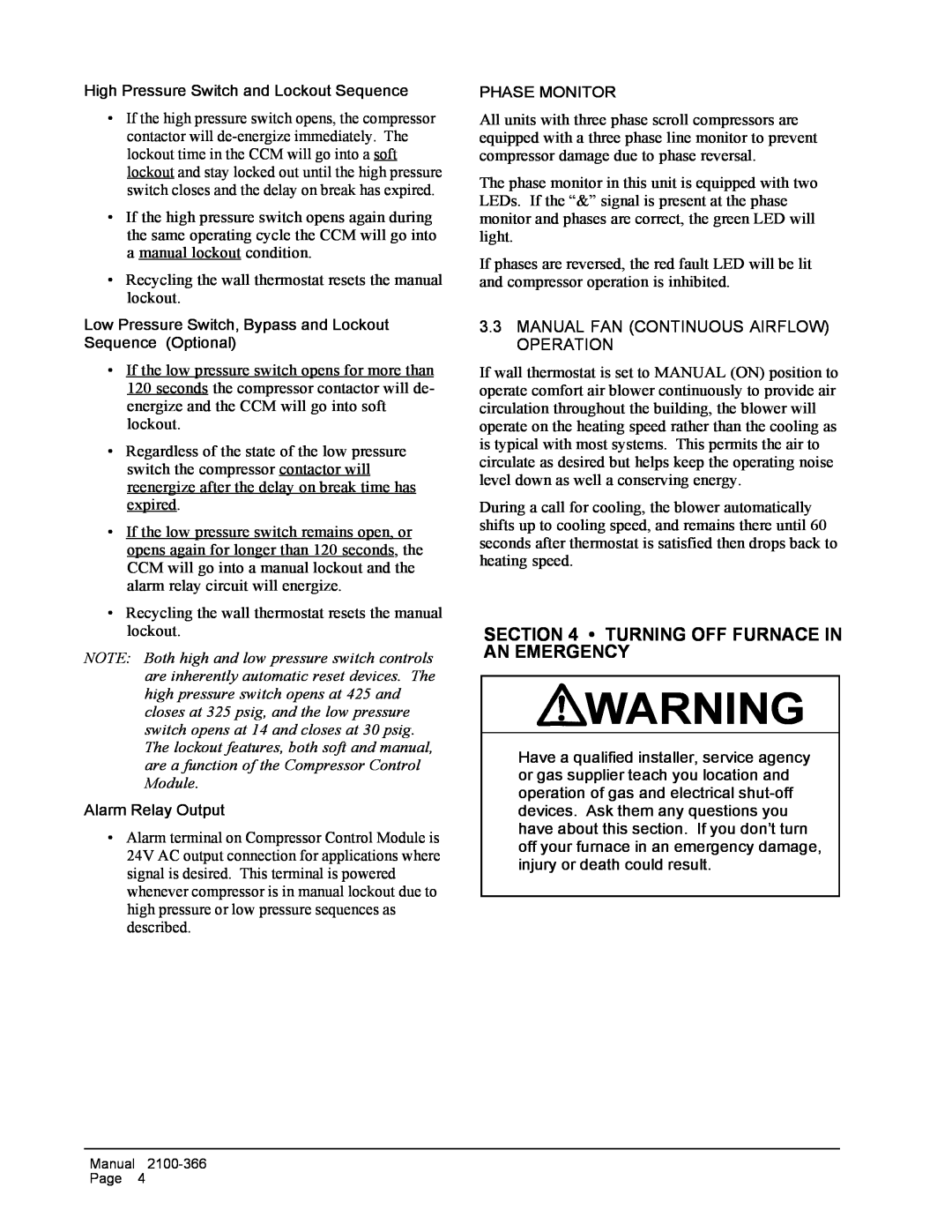 Bard WG-Series installation instructions Turning Off Furnace In An Emergency, 3.3MANUAL FAN CONTINUOUS AIRFLOW OPERATION 