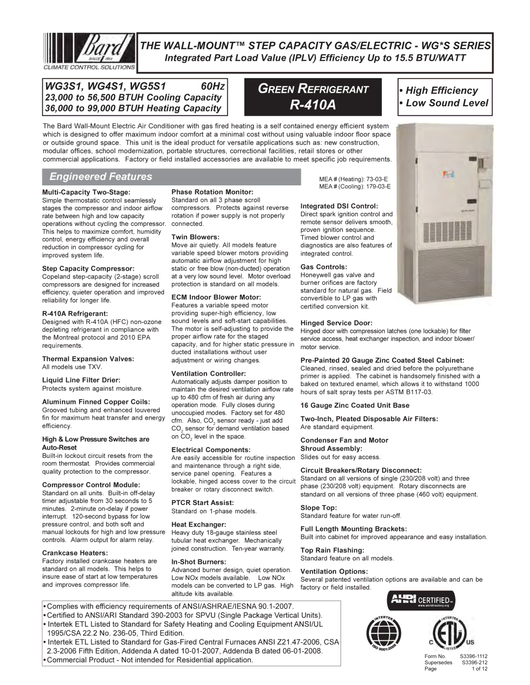 Bard WG5S1, WG4S1, WG3S1 warranty WALL-MOUNT Step Capacity GAS/ELECTRIC WG*S Series, Engineered Features 