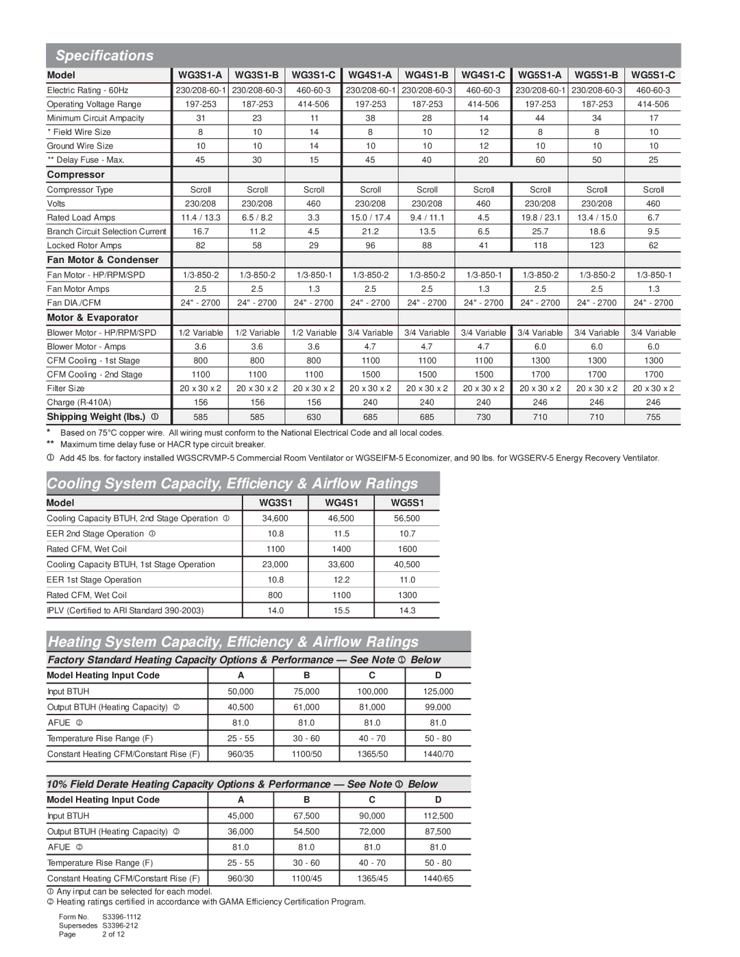 Bard warranty Specifications, Cooling System Capacity, Efficiency & Airflow Ratings, WG3S1 WG4S1 WG5S1 