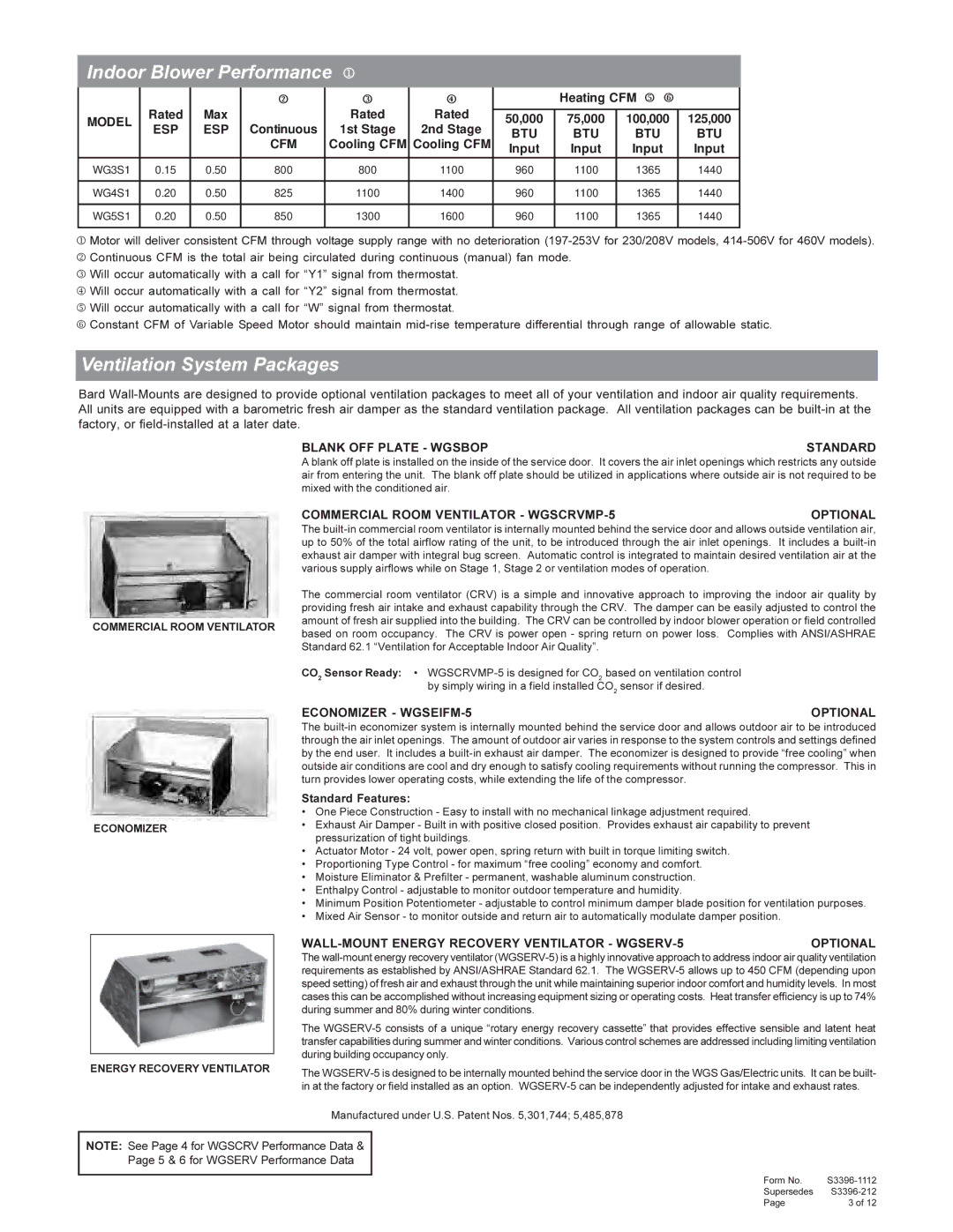 Bard WG4S1, WG5S1, WG3S1 warranty Indoor Blower Performance, Ventilation System Packages, Model, Esp, Btu 