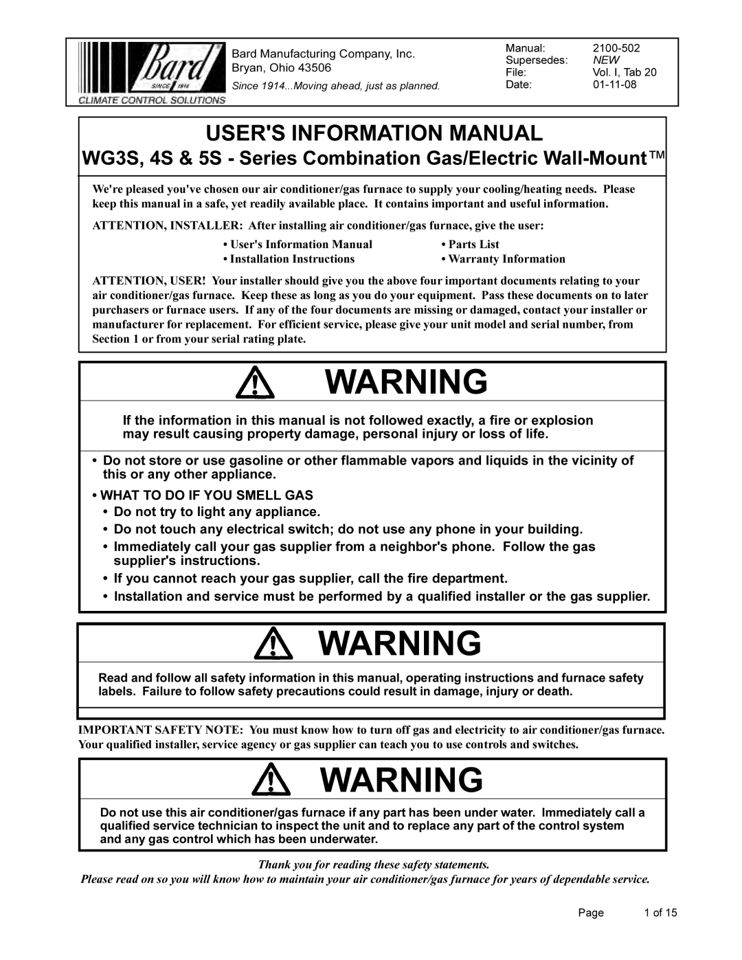 Bard 4S, 5S, WG3S installation instructions Users Information Manual, What to do if YOU Smell GAS 