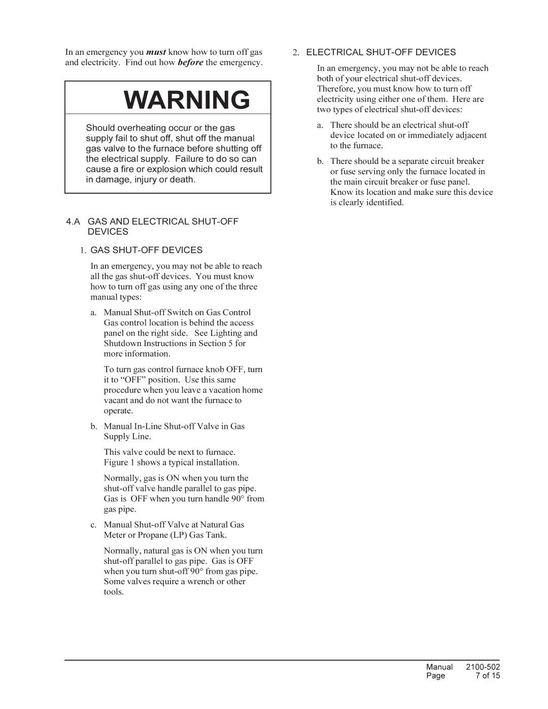 Bard WG4S, WG5S, WG3S installation instructions GAS and Electrical SHUT-OFF Devices GAS SHUT-OFF Devices 