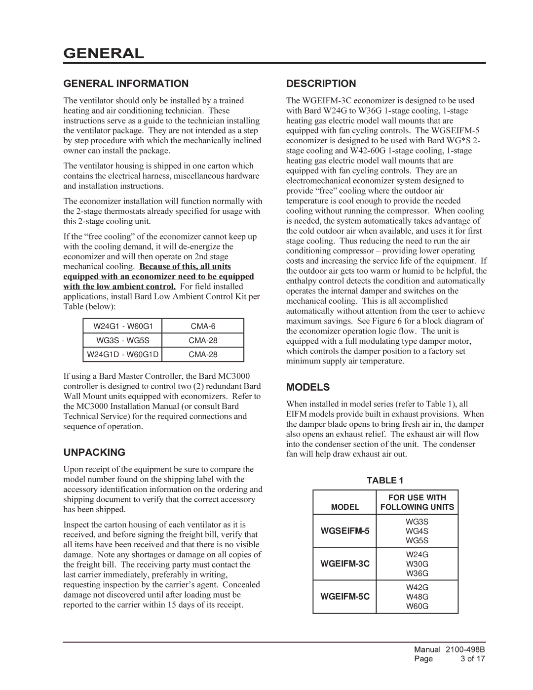 Bard WGSEIFM-5, WGEIFM-3C, WGEIFM-5C installation instructions General 