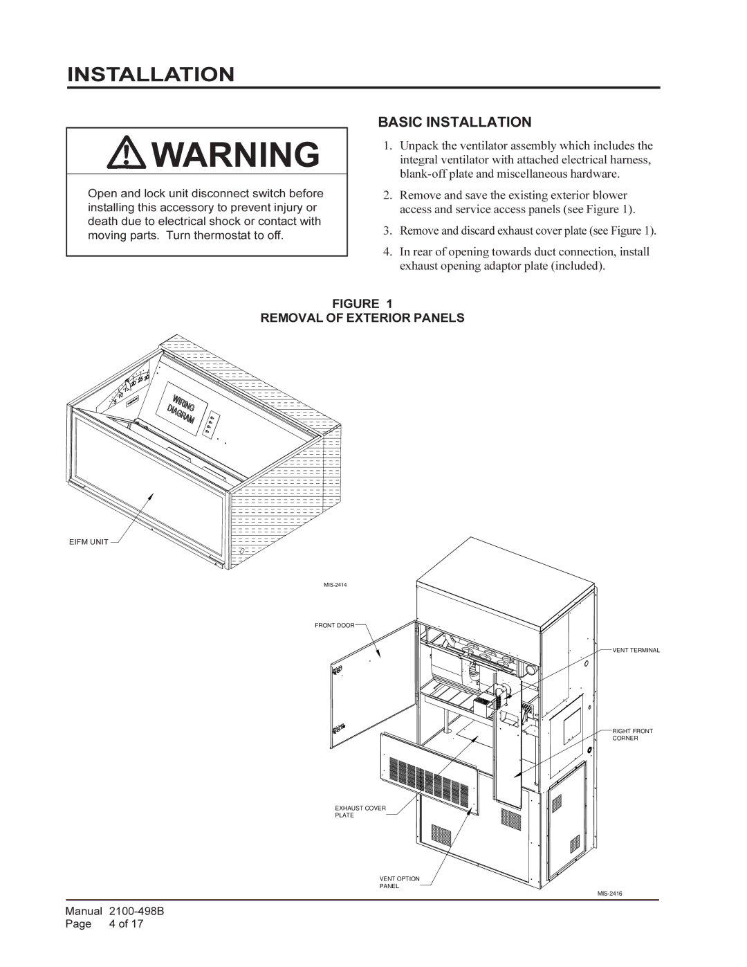 Bard WGEIFM-3C, WGSEIFM-5, WGEIFM-5C installation instructions Installation, Removal of Exterior Panels 