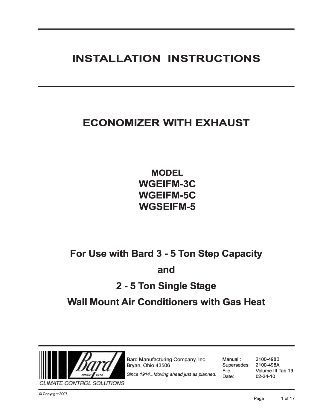 Bard installation instructions Installation Instructions Economizer With Exhaust, WGEIFM-3C WGEIFM-5C WGSEIFM-5, Model 