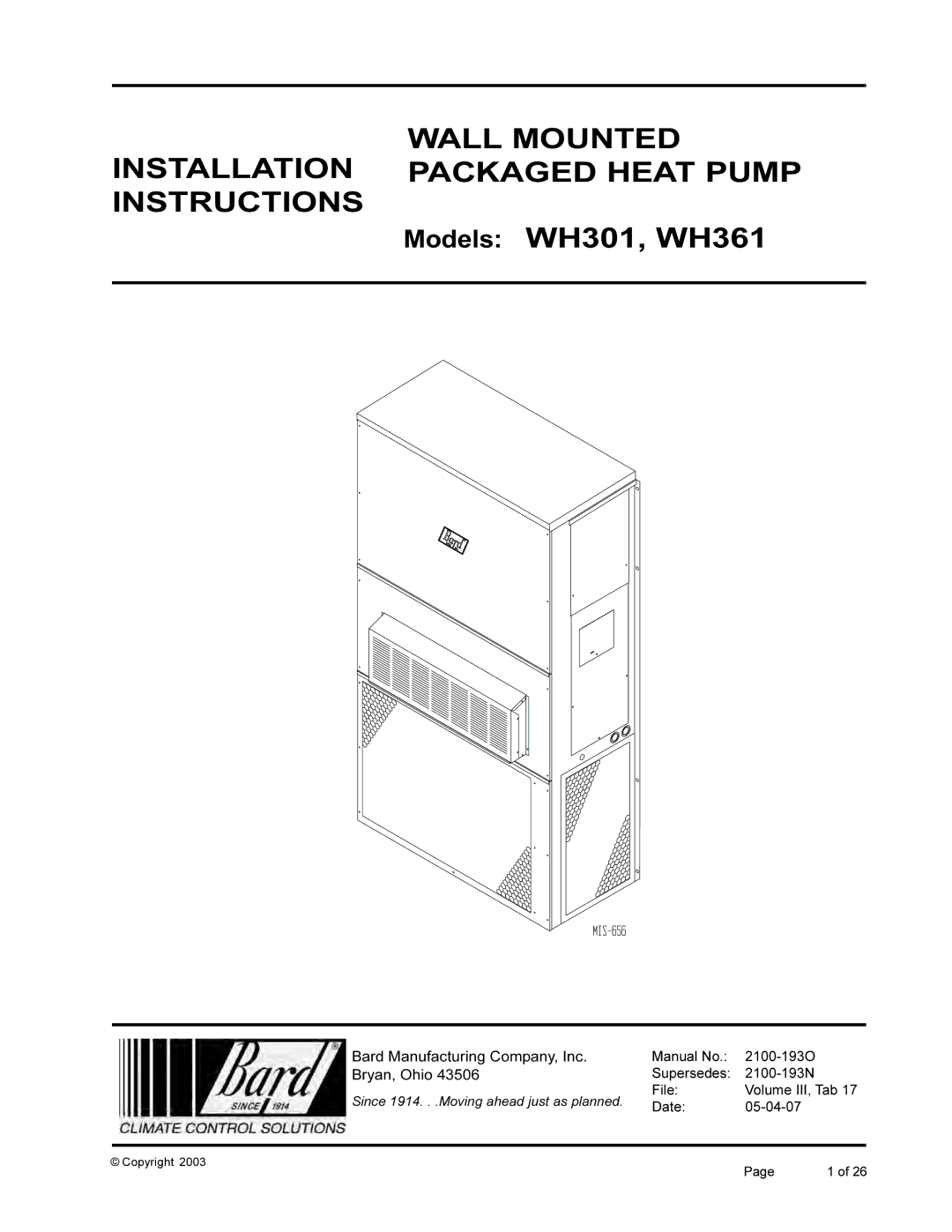 Bard WH-301 installation instructions Wall Mounted Installation Packaged Heat Pump Instructions, Models WH301, WH361 