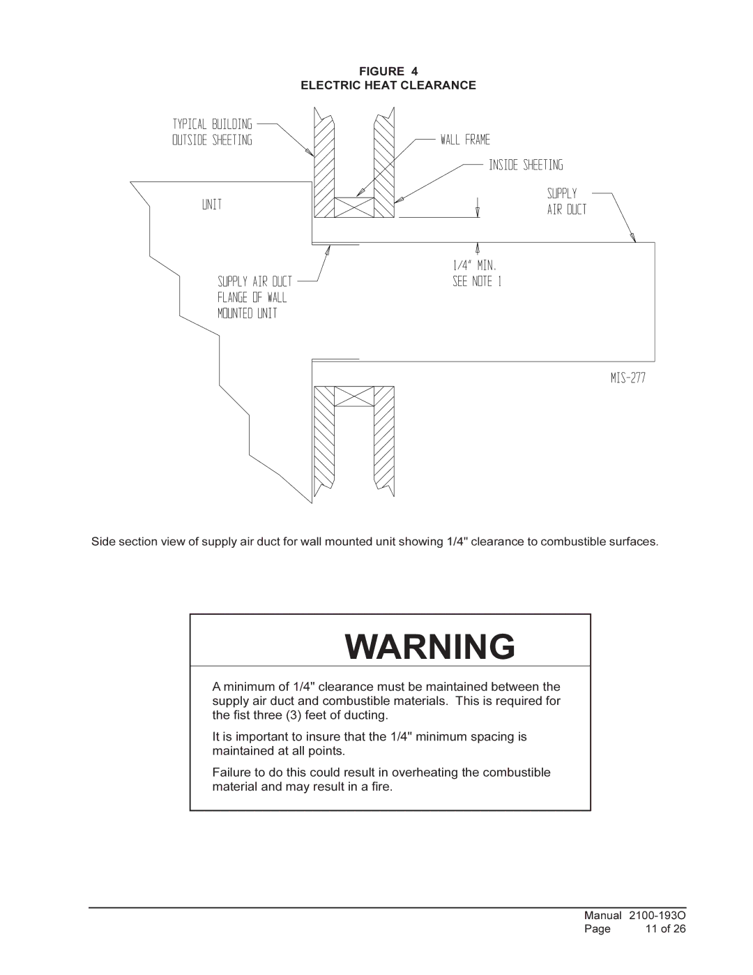 Bard WH361, WH-301 installation instructions Electric Heat Clearance 