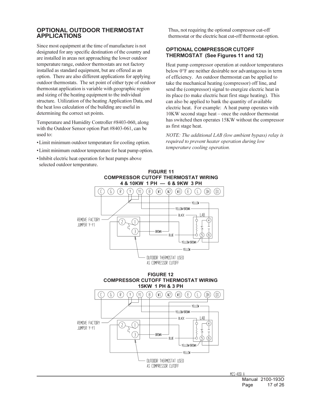 Bard WH361, WH-301 installation instructions Optional Outdoor Thermostat Applications, Compressor Cutoff Thermostat Wiring 