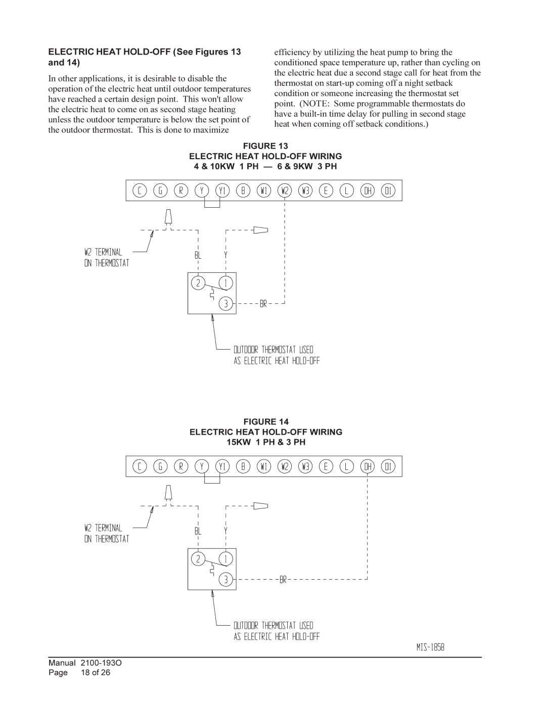 Bard WH-301, WH361 Electric Heat HOLD-OFF See Figures 13, Electric Heat HOLD-OFF Wiring 4 & 10KW 1 PH 6 & 9KW 3 PH 