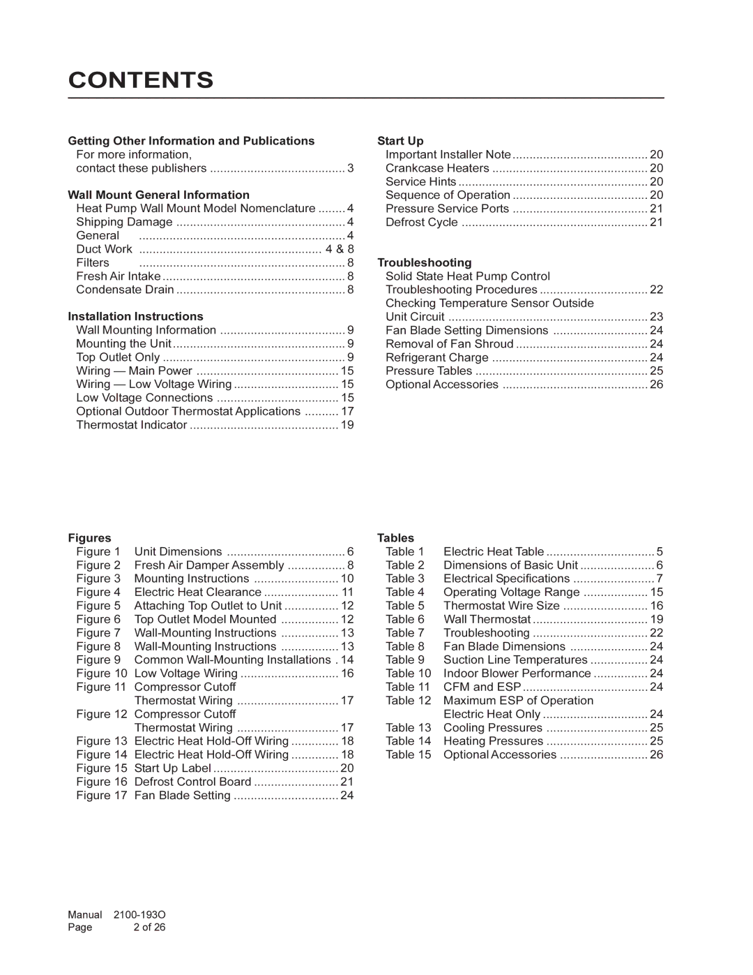 Bard WH-301, WH361 installation instructions Contents 