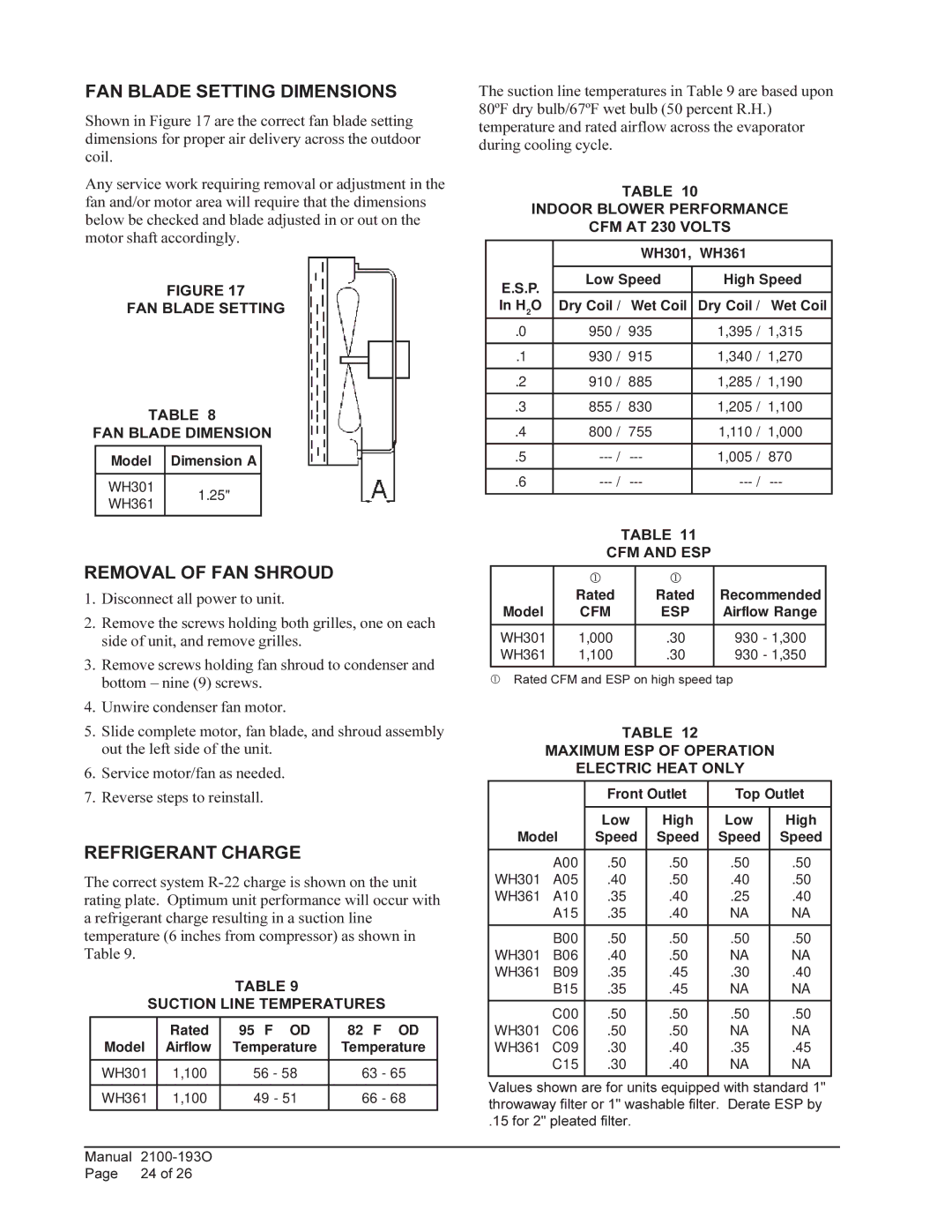 Bard WH-301, WH361 installation instructions FAN Blade Setting Dimensions, Removal of FAN Shroud, Refrigerant Charge 