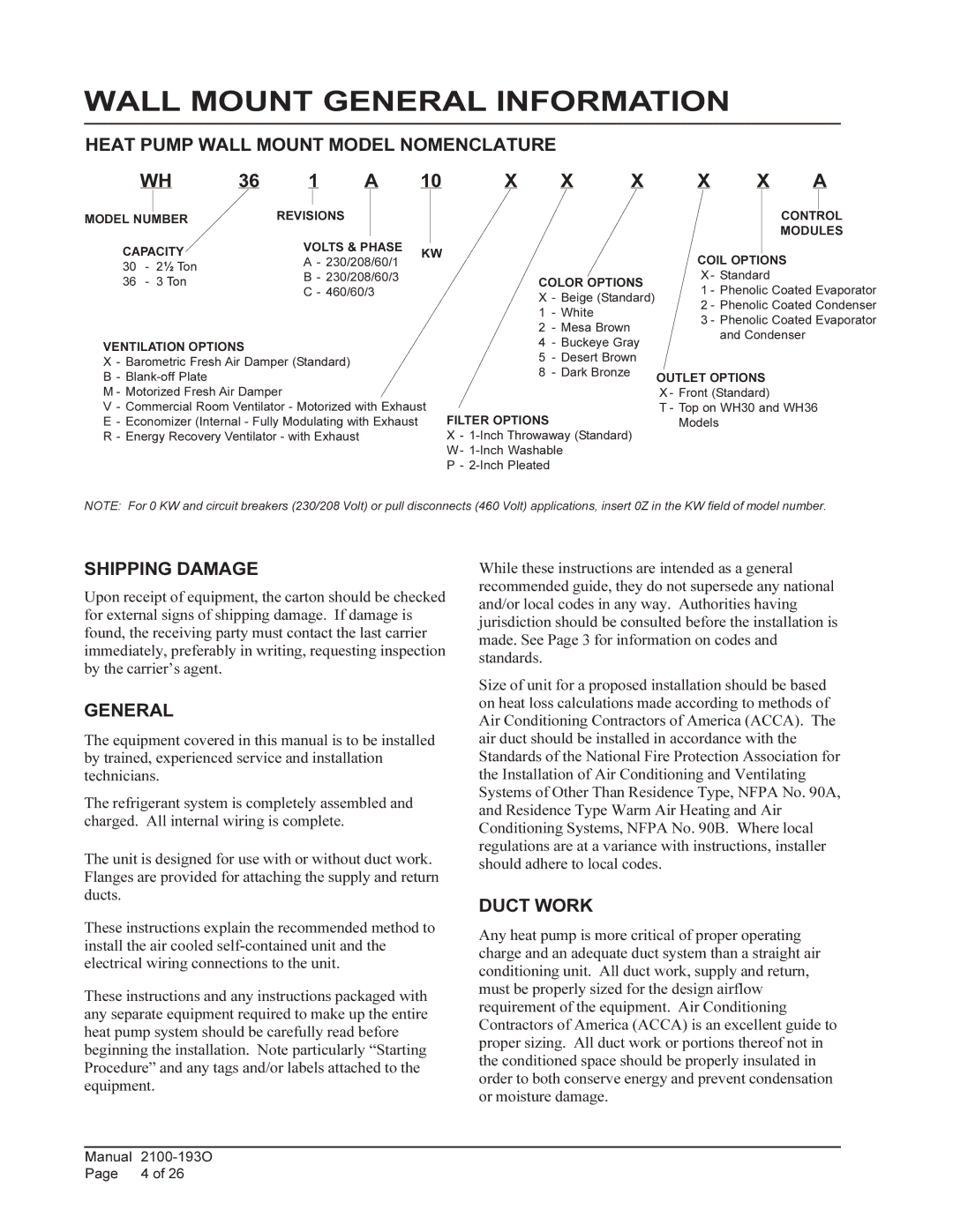 Bard WH-301, WH361 Wall Mount General Information, Heat Pump Wall Mount Model Nomenclature, Shipping Damage, Duct Work 