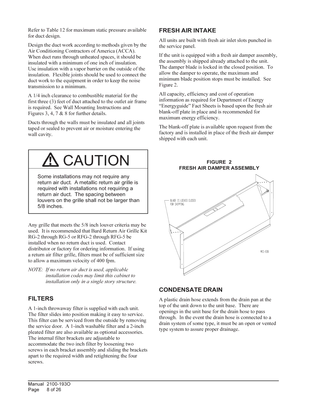 Bard WH-301, WH361 installation instructions Filters, Fresh AIR Intake, Condensate Drain, Fresh AIR Damper Assembly 