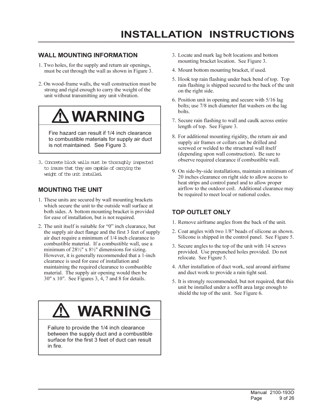 Bard WH361, WH-301 Installation Instructions, Wall Mounting Information, Mounting the Unit, TOP Outlet only 