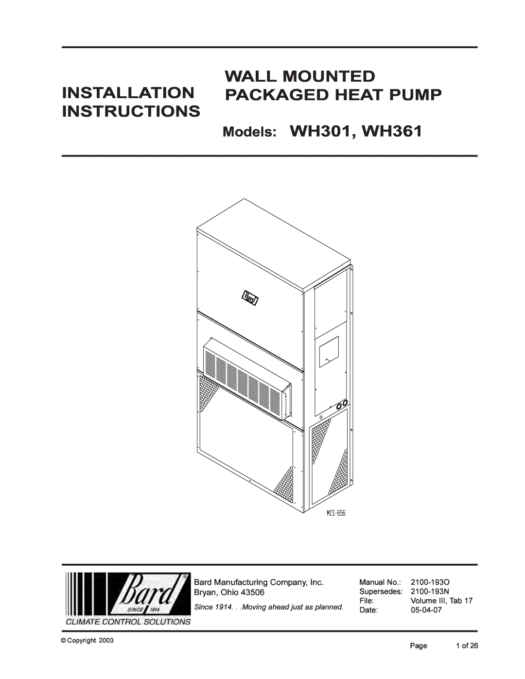 Bard WH-301 installation instructions Wall Mounted, Installation Packaged Heat Pump Instructions, Models WH301, WH361 