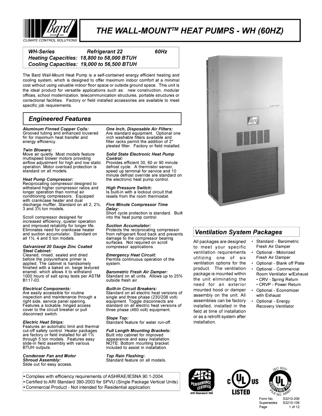 Bard WH Series manual Engineered Features, Ventilation System Packages 