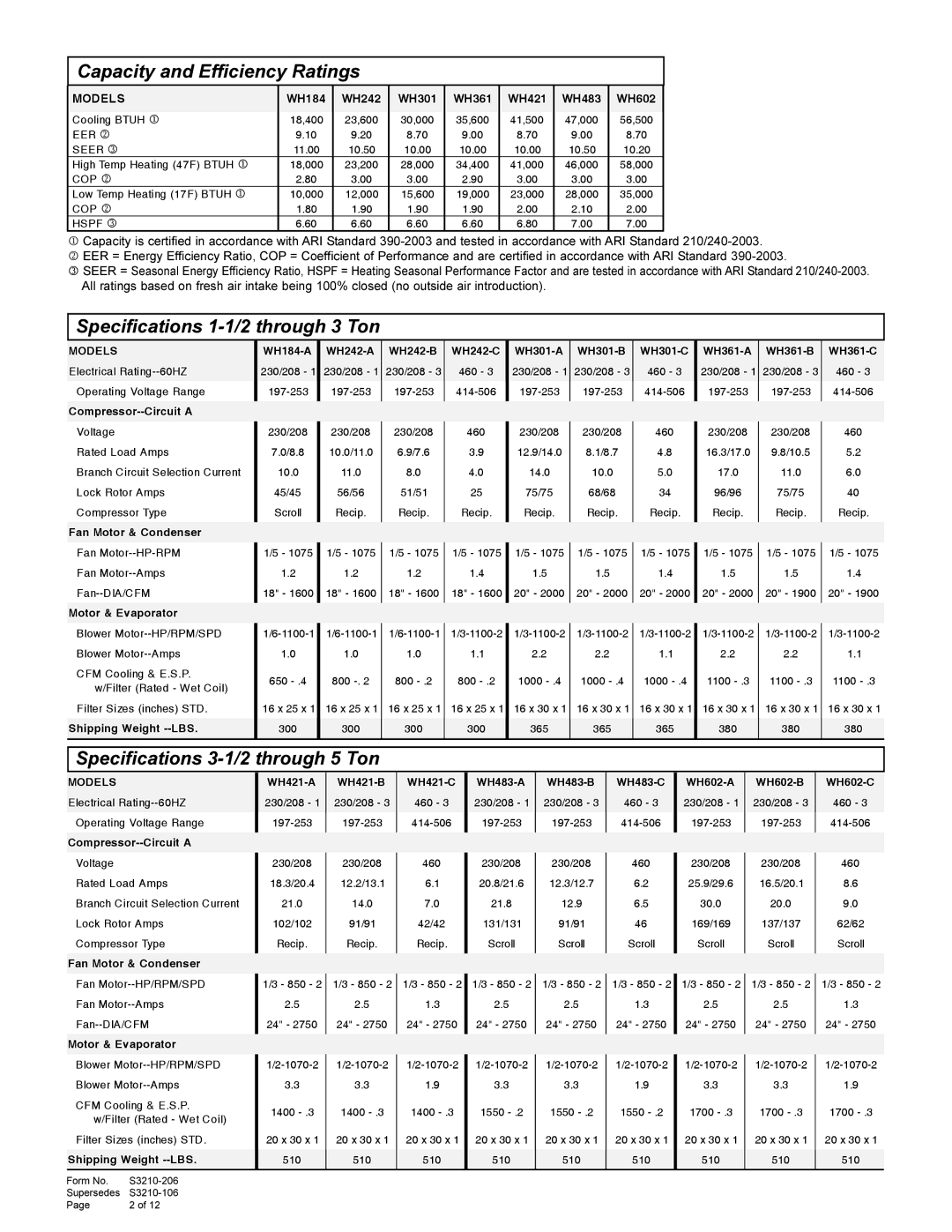 Bard WH Series Capacity and Efficiency Ratings, Specifications 1-1/2 through 3 Ton, Specifications 3-1/2 through 5 Ton 