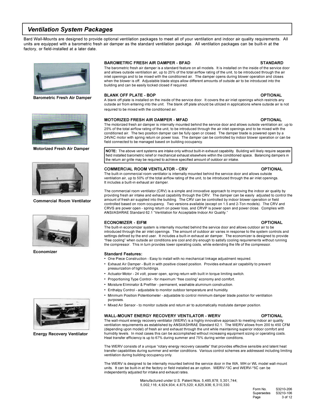 Bard WH Series manual Barometric Fresh AIR Damper Bfad Standard 