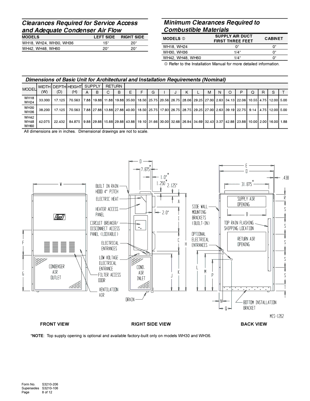 Bard WH Series manual Minimum Clearances Required to Combustible Materials, WH18, WH24, WH30, WH36 WH42, WH48, WH60 