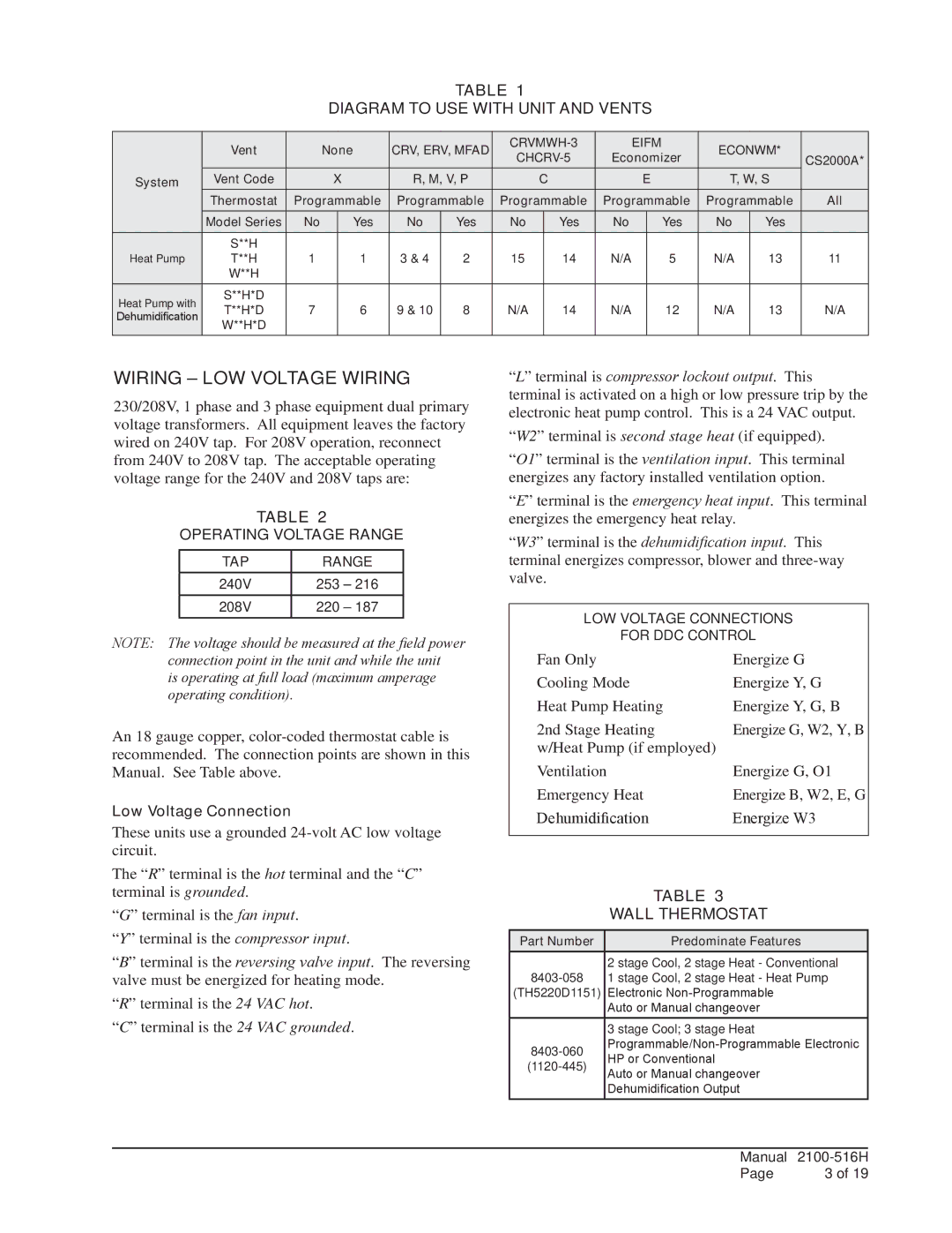 Bard W**H*D, S**H*D, T**H*D installation instructions Wiring LOW Voltage Wiring 