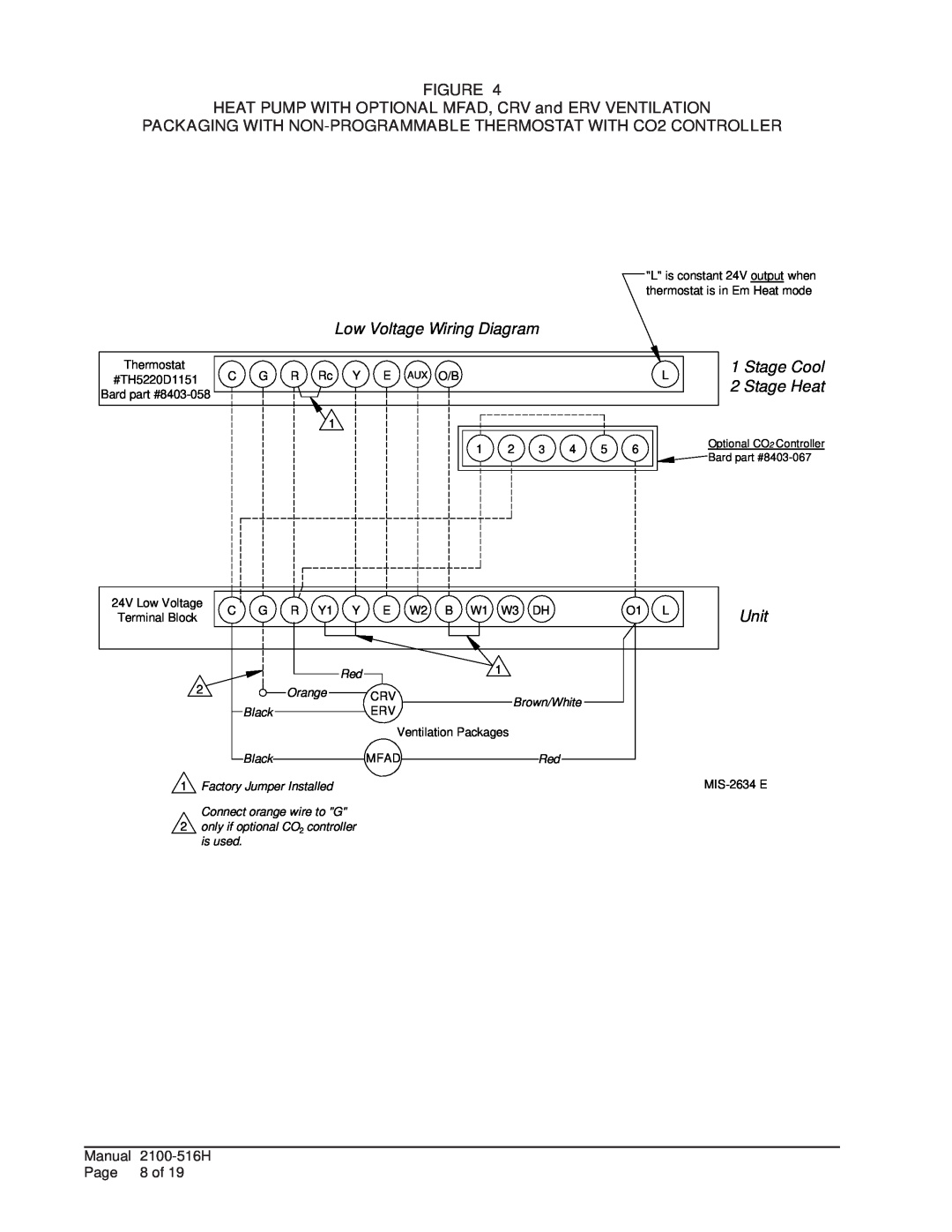 Bard S**H*D, W**H*D, T**H*D installation instructions Low Voltage Wiring Diagram, Unit, Stage Cool, Stage Heat 