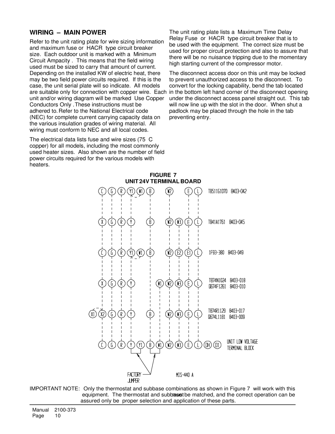 Bard WH242, WH183 installation instructions Wiring Main Power, Unit 24V Terminal Board 