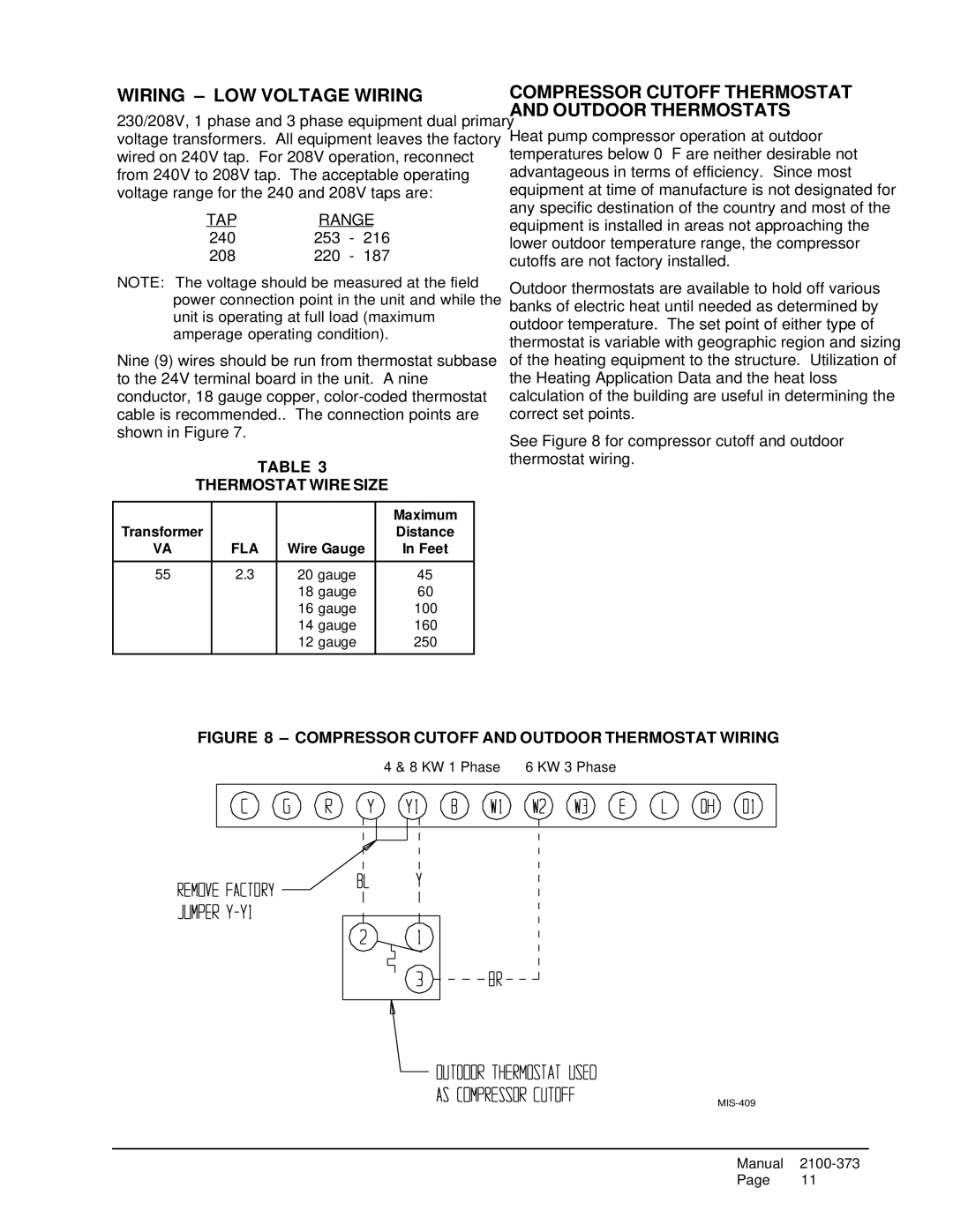 Bard WH183, WH242 Wiring LOW Voltage Wiring, Compressor Cutoff Thermostat and Outdoor Thermostats, Thermostat Wire Size 