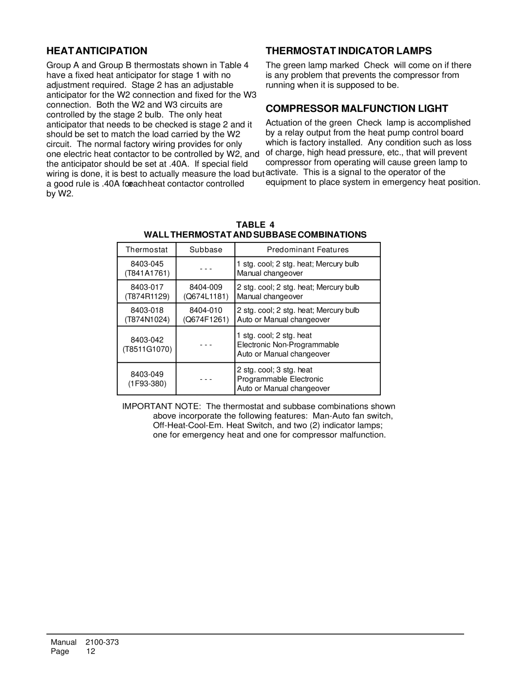 Bard WH242, WH183 installation instructions Heat Anticipation, Thermostat Indicator Lamps, Compressor Malfunction Light 