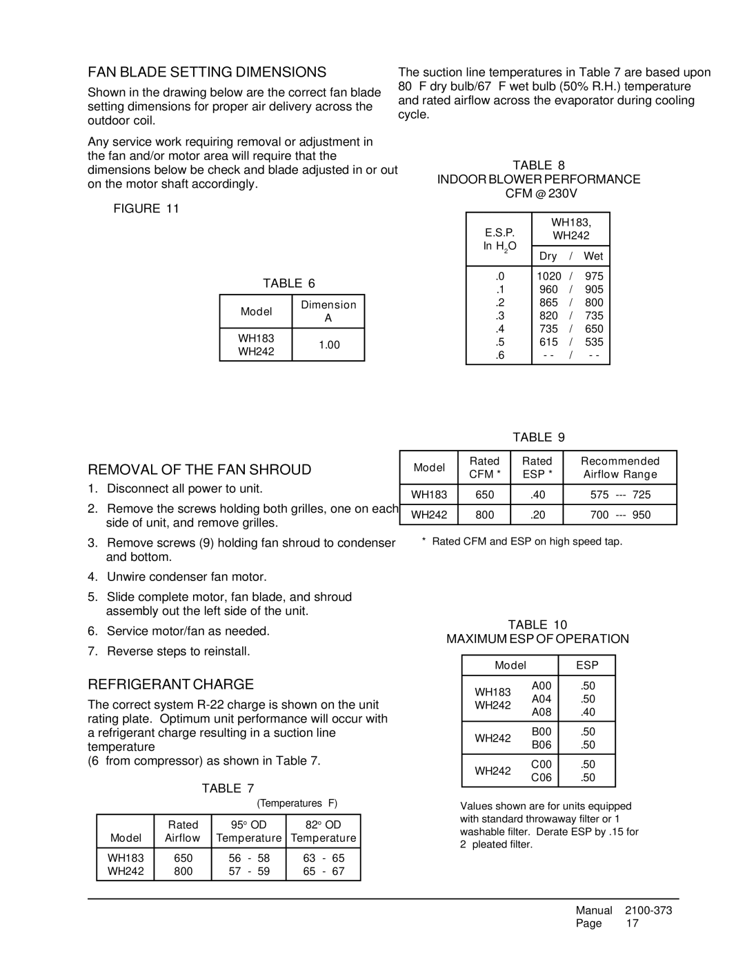 Bard WH183, WH242 FAN Blade Setting Dimensions, Removal of the FAN Shroud, Refrigerant Charge, Indoor Blower Performance 