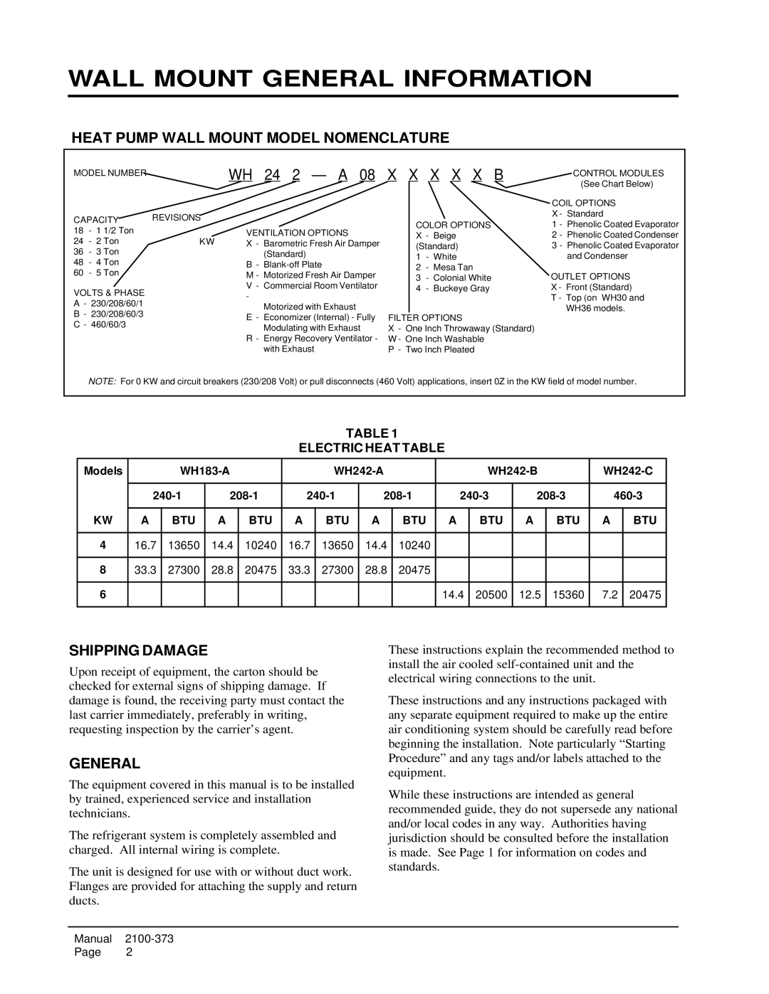 Bard WH242 Wall Mount General Information, Heat Pump Wall Mount Model Nomenclature, Shipping Damage, Electric Heat Table 