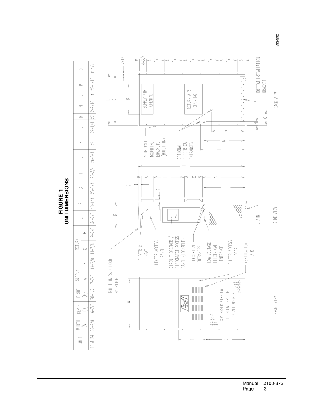 Bard WH183, WH242 installation instructions Unit Dimensions 