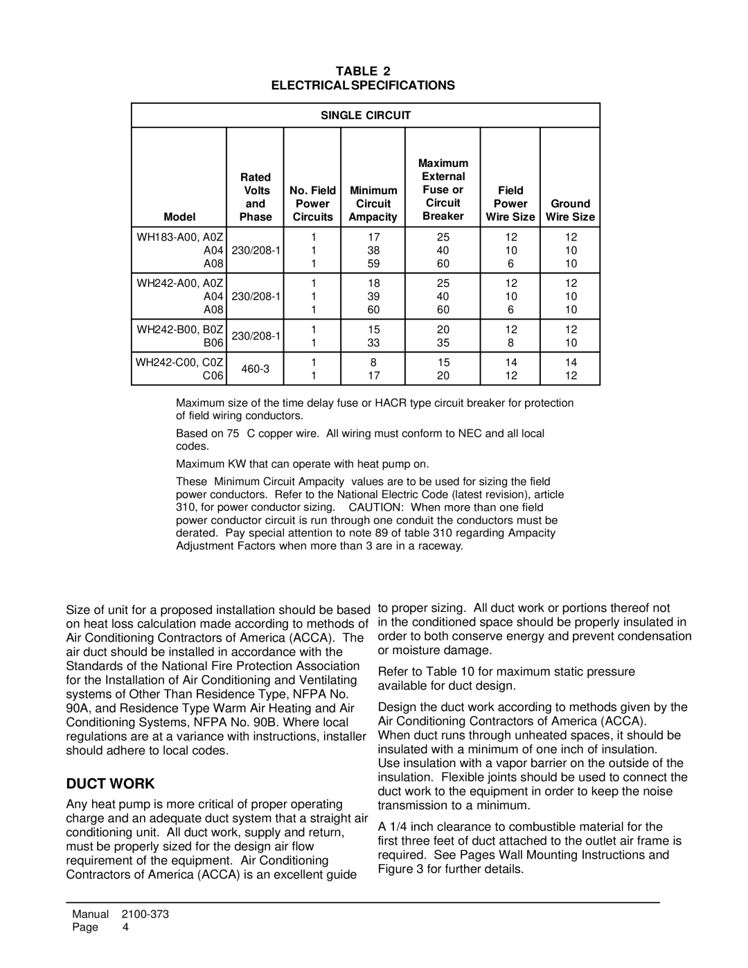 Bard WH242, WH183 installation instructions Duct Work, Electrical Specifications, Wire Size 