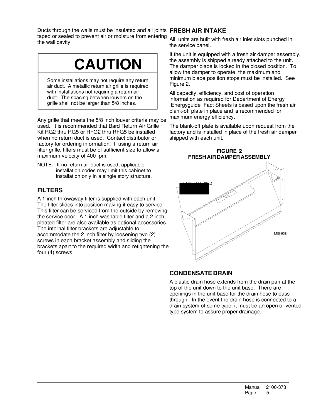 Bard WH183, WH242 installation instructions Filters, Fresh AIR Intake, Condensate Drain, Fresh AIR Damper Assembly 