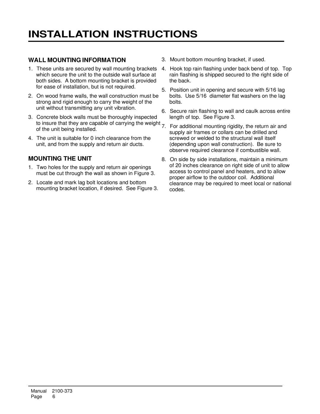 Bard WH242, WH183 installation instructions Installation Instructions, Wall Mounting Information, Mounting the Unit 