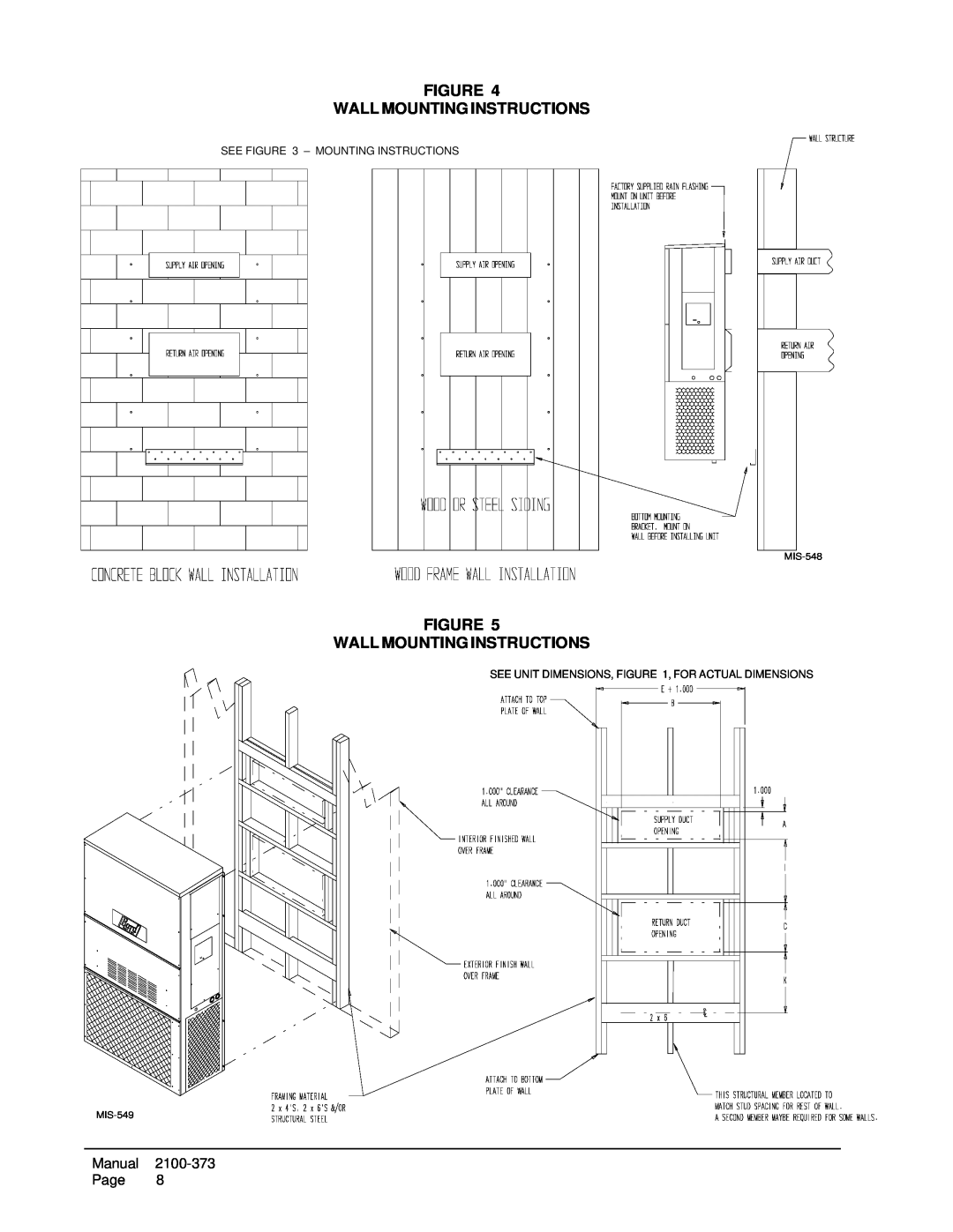 Bard WH242, WH183 installation instructions Figure Wall Mounting Instructions, See - Mounting Instructions, MIS-548, MIS-549 