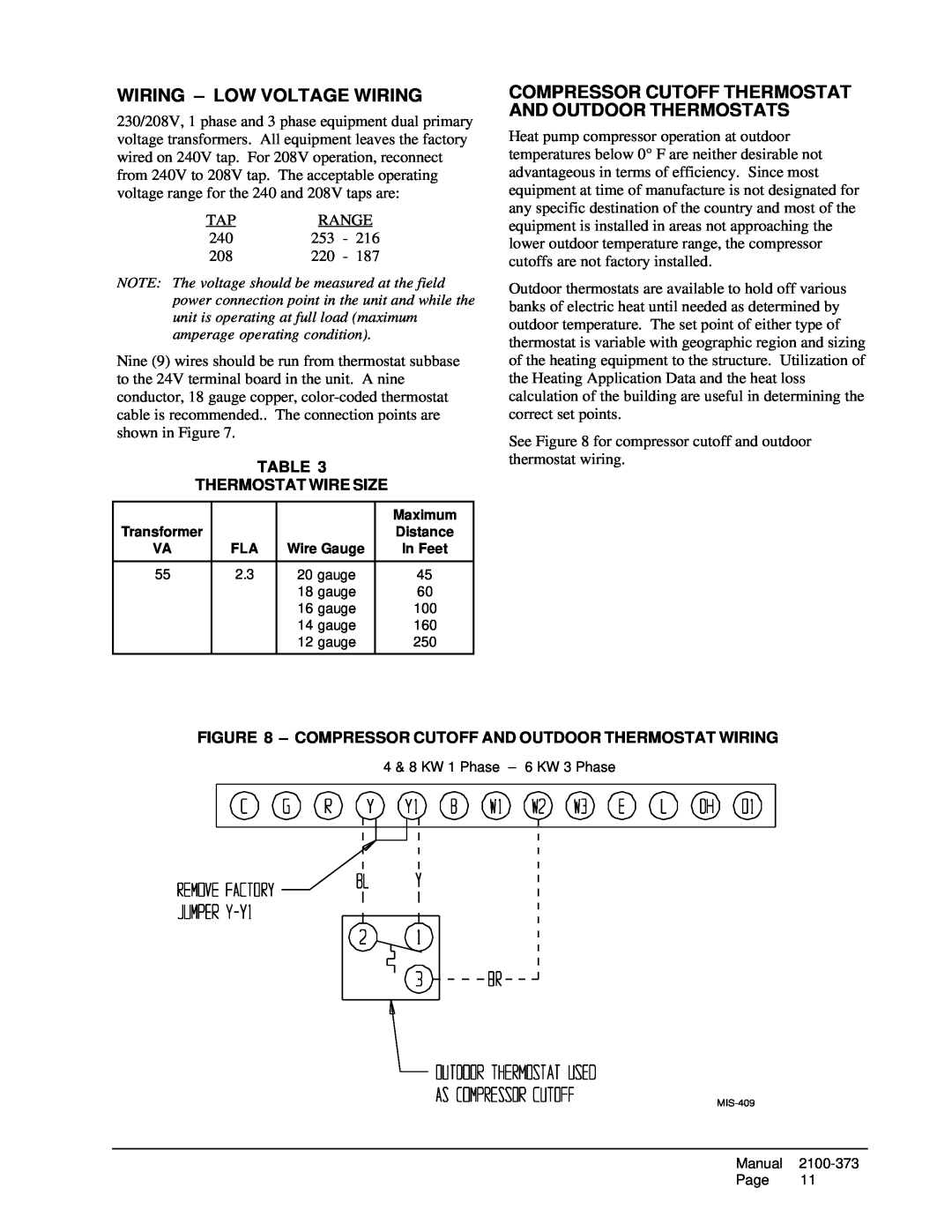 Bard WH183, WH242 installation instructions Wiring - Low Voltage Wiring, Table Thermostat Wire Size 