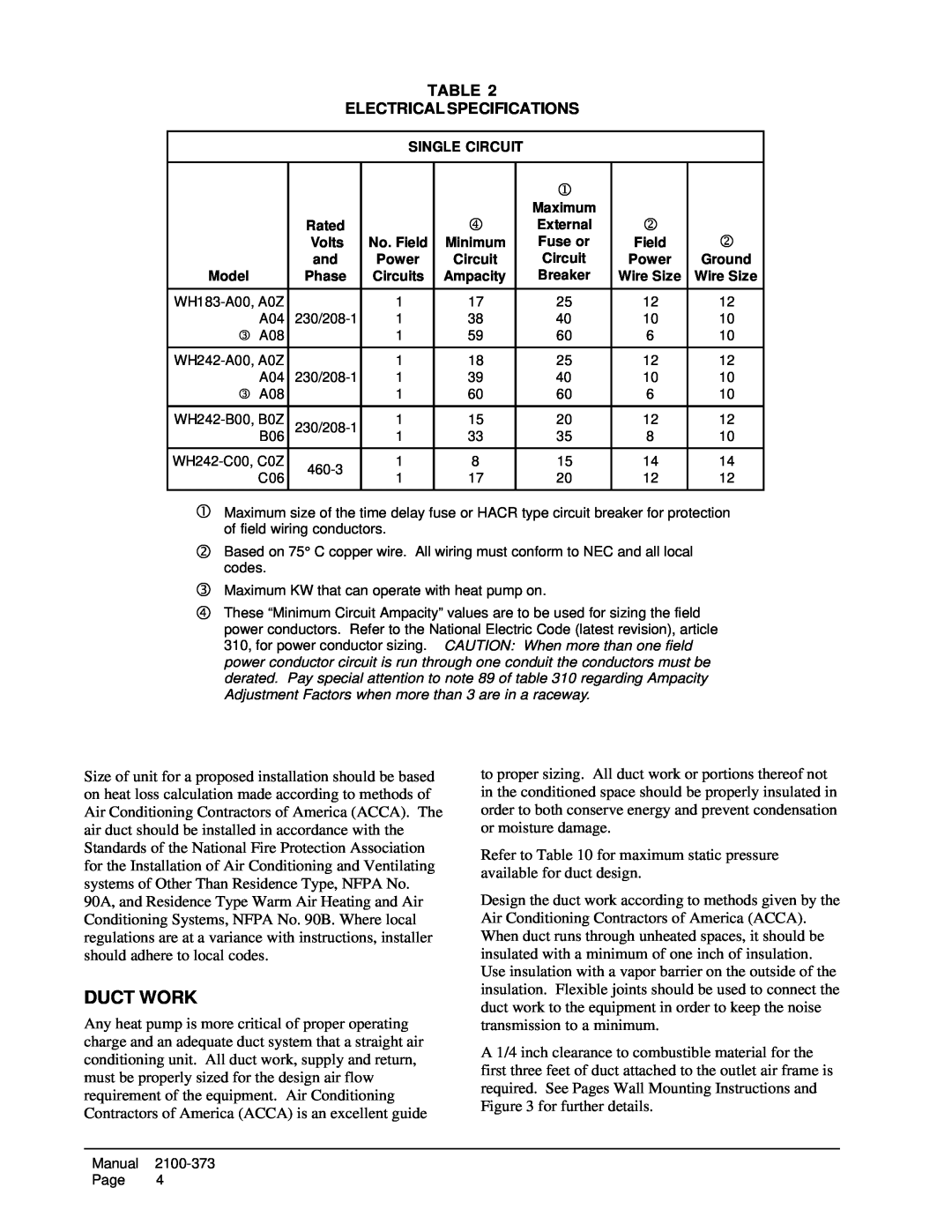 Bard WH242, WH183 installation instructions Duct Work, Table Electrical Specifications 