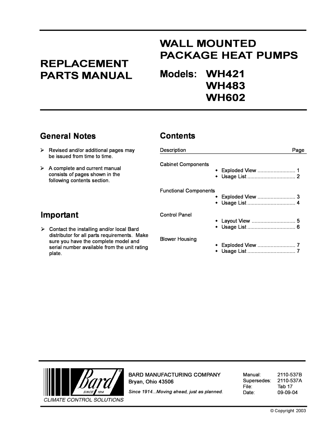 Bard manual Replacement, Wall Mounted Package Heat Pumps, PARTS MANUAL Models WH421 WH483 WH602, General Notes 