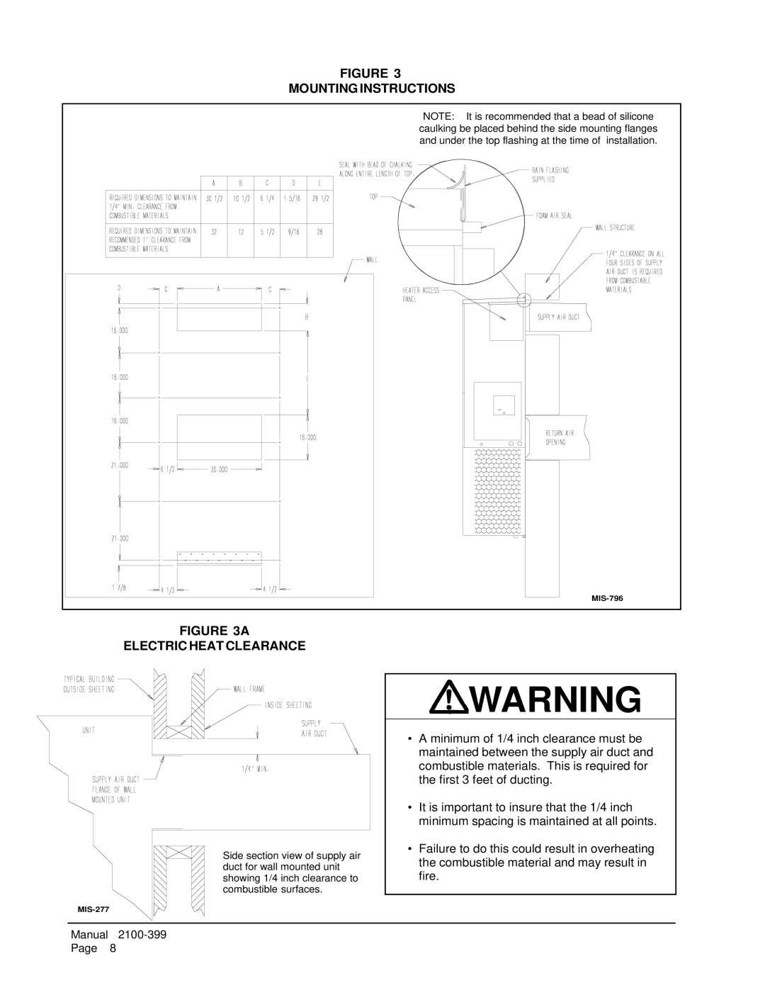 Bard WH483, WH602, WH421 installation instructions Mounting Instructions, Electric Heat Clearance 