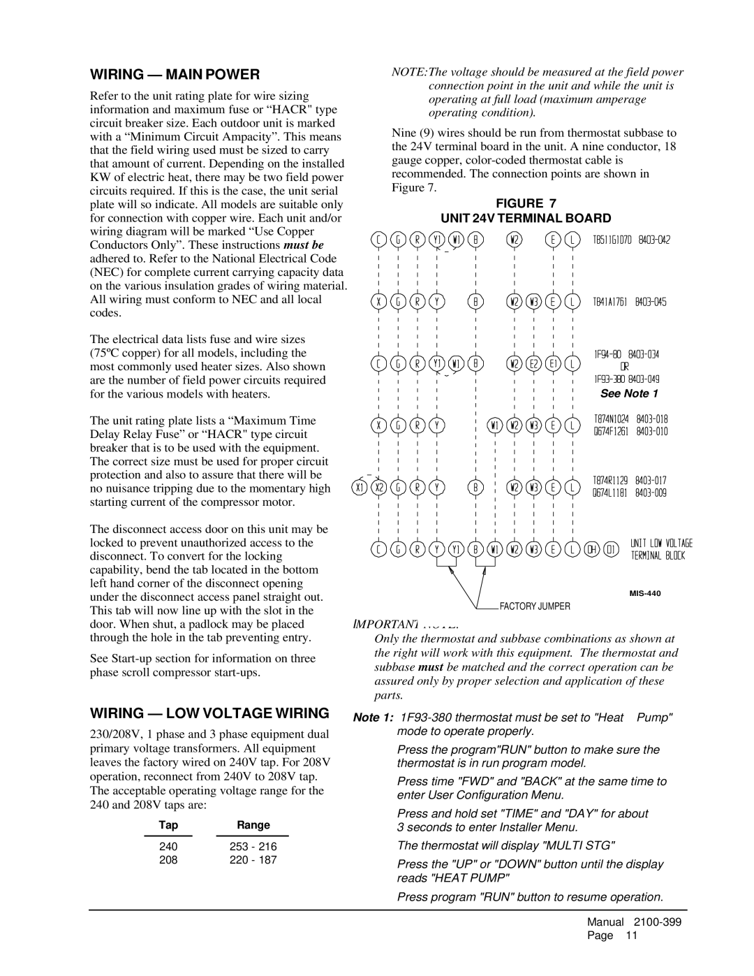 Bard WH483, WH602, WH421 installation instructions Wiring Main Power, Wiring LOW Voltage Wiring, Unit 24V Terminal Board 