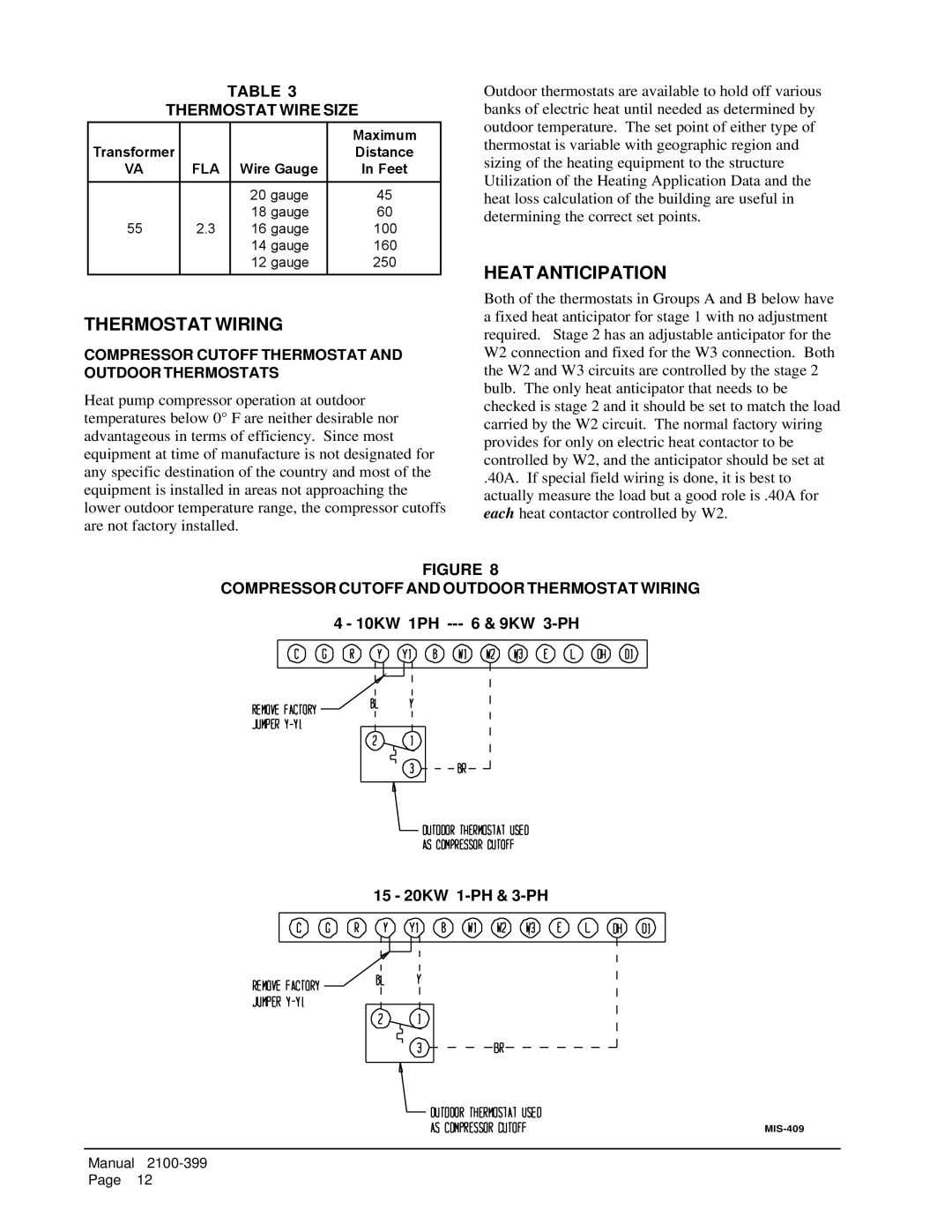 Bard WH421, WH602, WH483 Heat Anticipation, Thermostat Wire Size, Compressor Cutoff and Outdoor Thermostat Wiring 