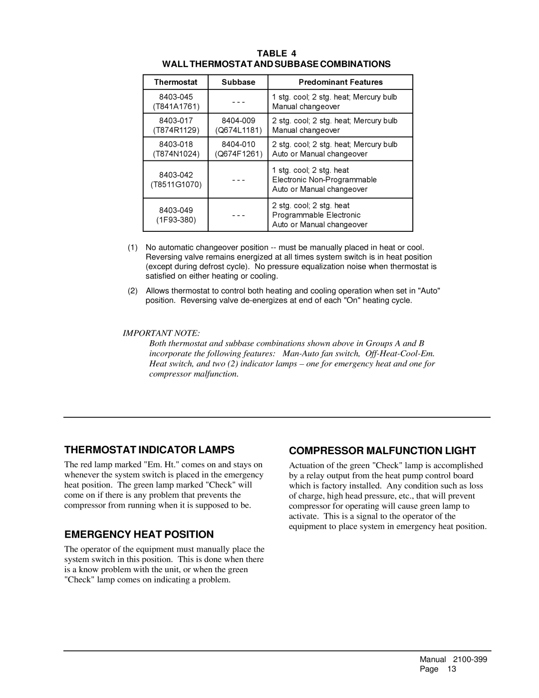 Bard WH602, WH483, WH421 Thermostat Indicator Lamps, Emergency Heat Position, Compressor Malfunction Light 