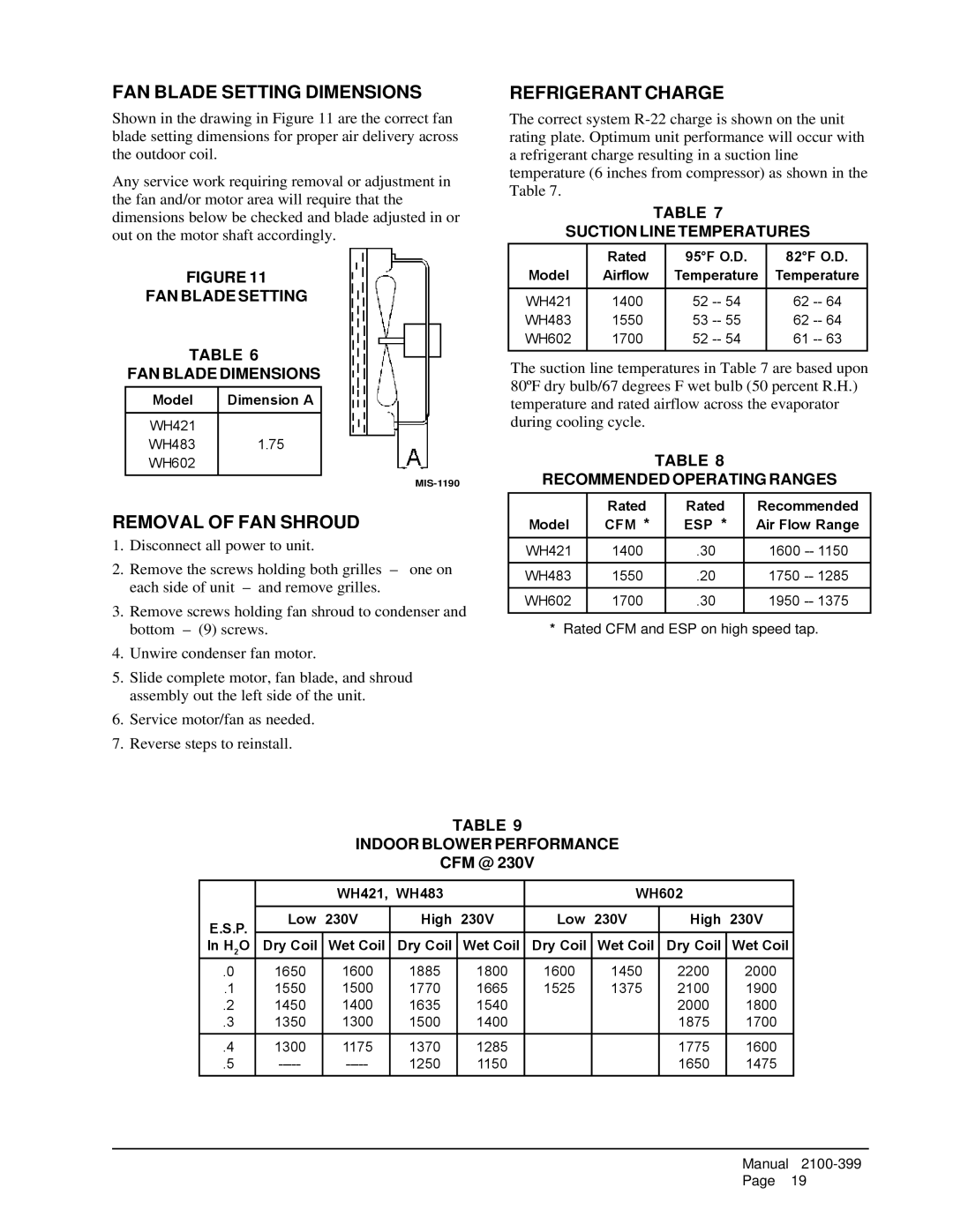 Bard WH602, WH483, WH421 installation instructions FAN Blade Setting Dimensions, Removal of FAN Shroud, Refrigerant Charge 